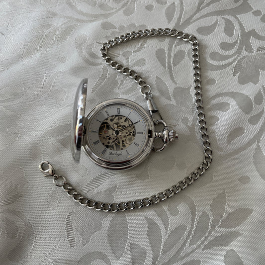 Mechanical Chrome Plated Pocket Watch Skeleton With Chain