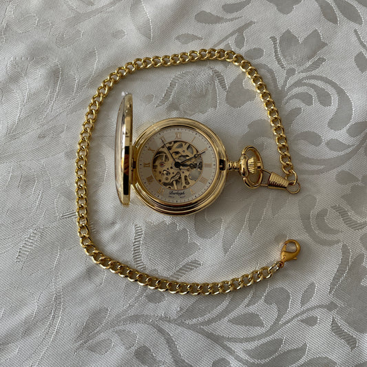 Mechanical Gold Plated Pocket Watch Skeleton With Chain