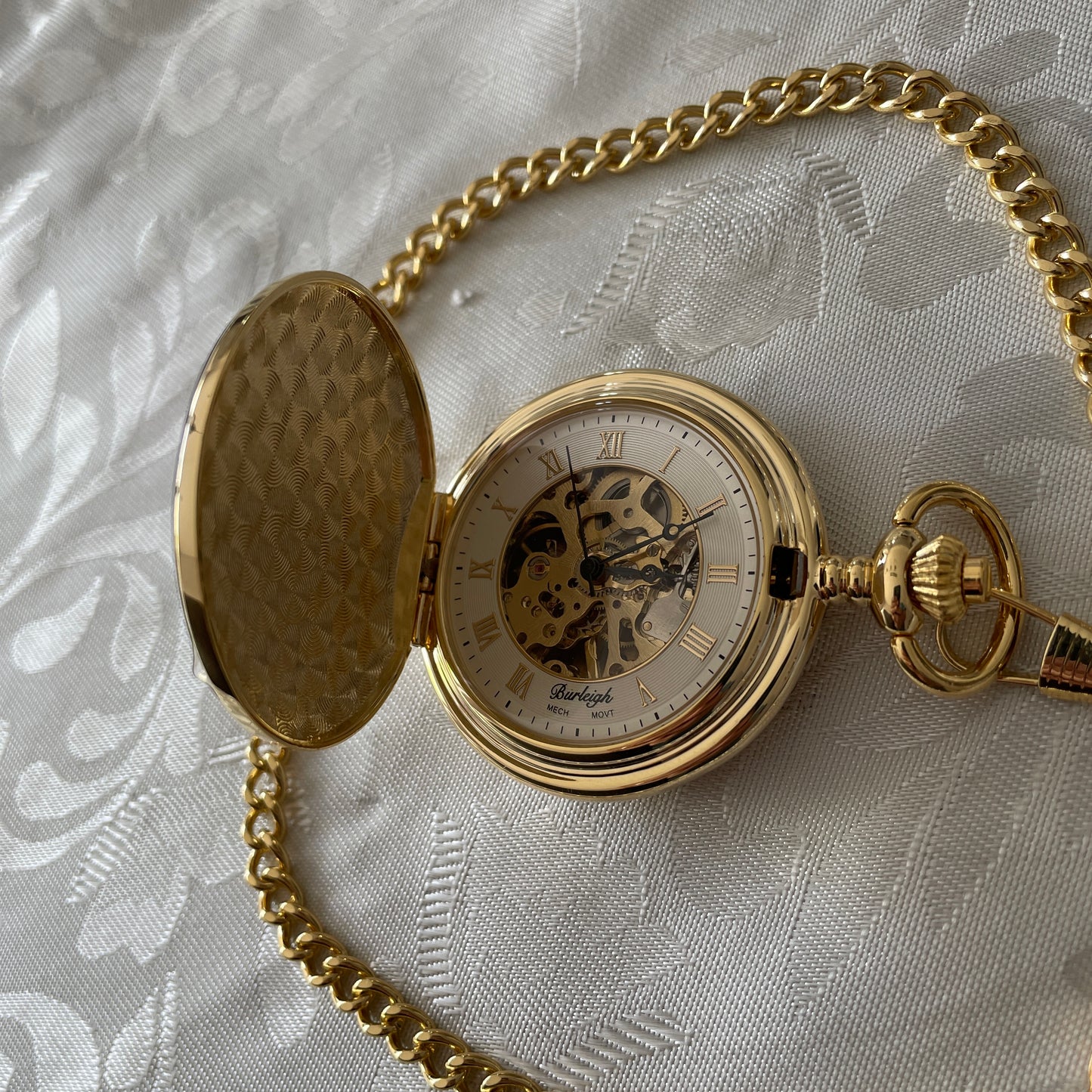 Mechanical Gold Plated Pocket Watch Skeleton With Chain