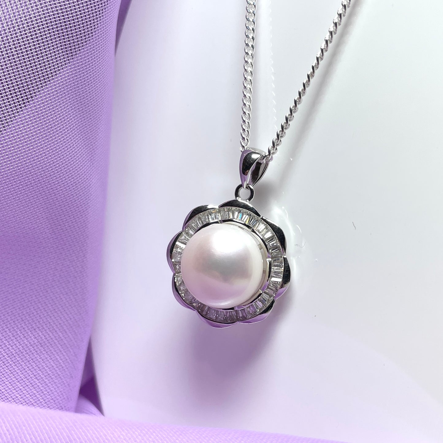 Large real freshwater pearl flower petal sterling silver round necklace pendant