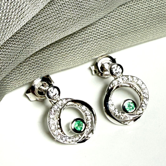 Real green emerald and cubic zirconia round swirl stud earrings