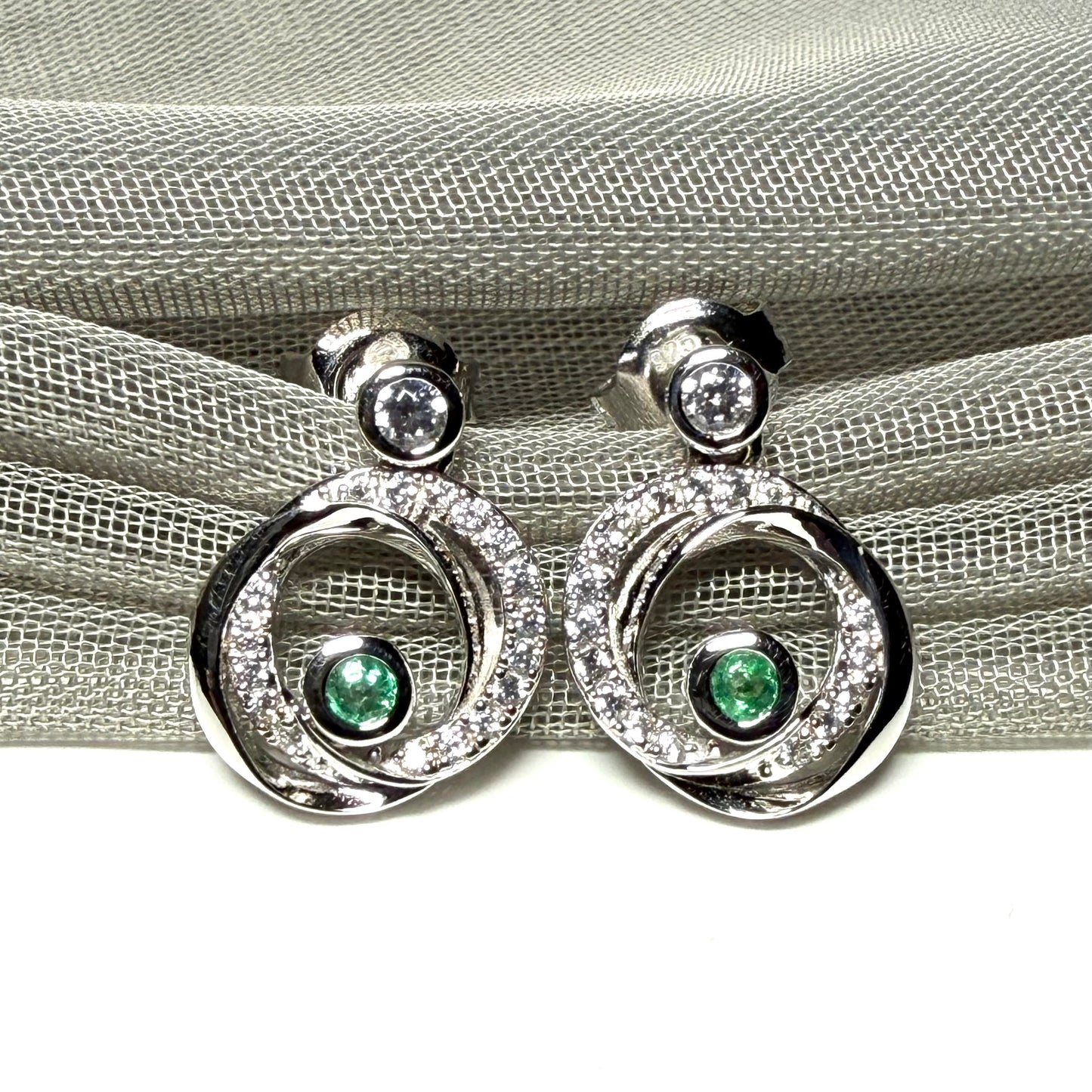 Real green emerald and cubic zirconia round swirl stud earrings
