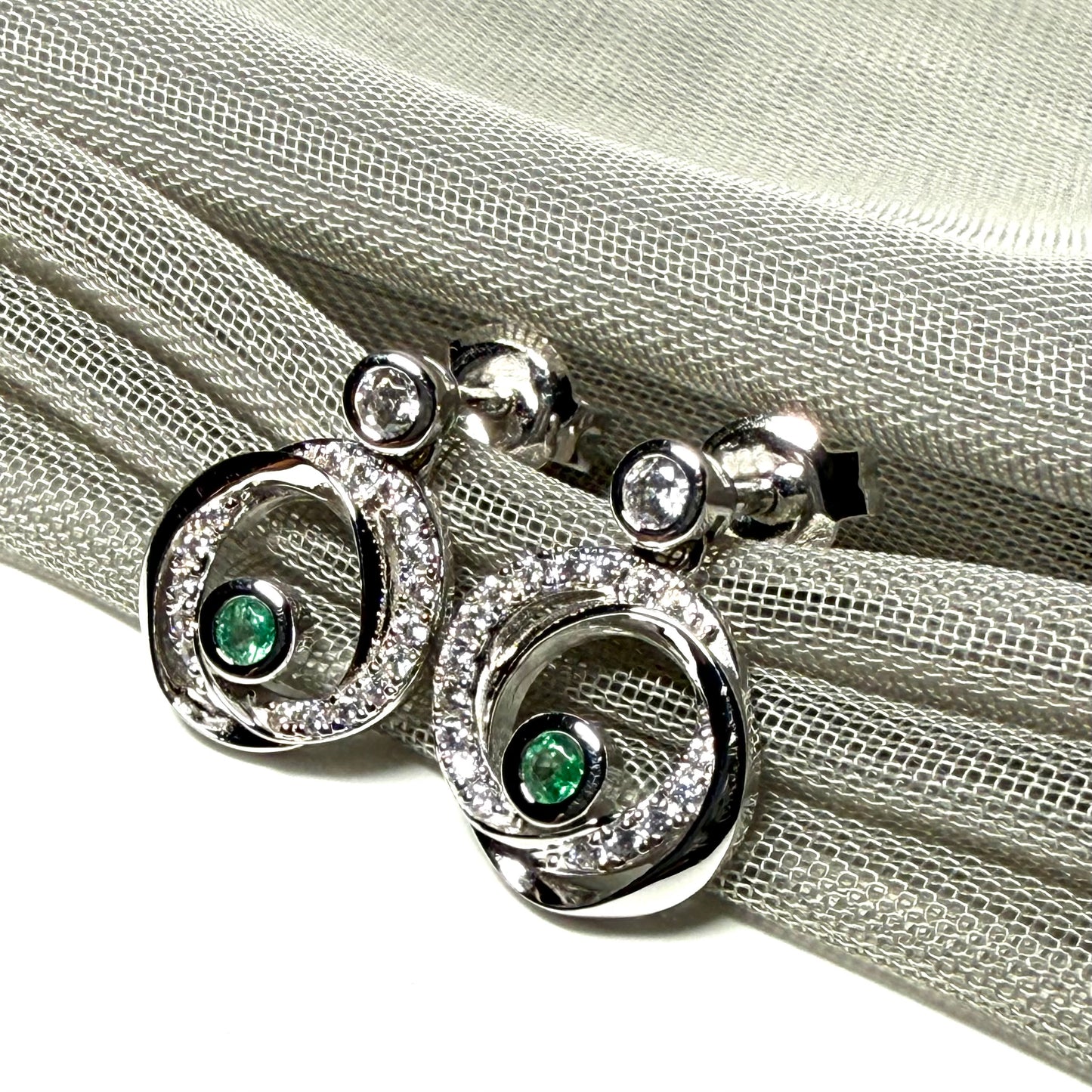 Real green emerald and cubic zirconia round swirl stud earrings