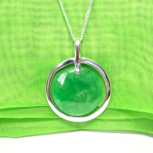 Large necklace sterling silver round shaped green real jade halo styled pendant curb, a chain included with it