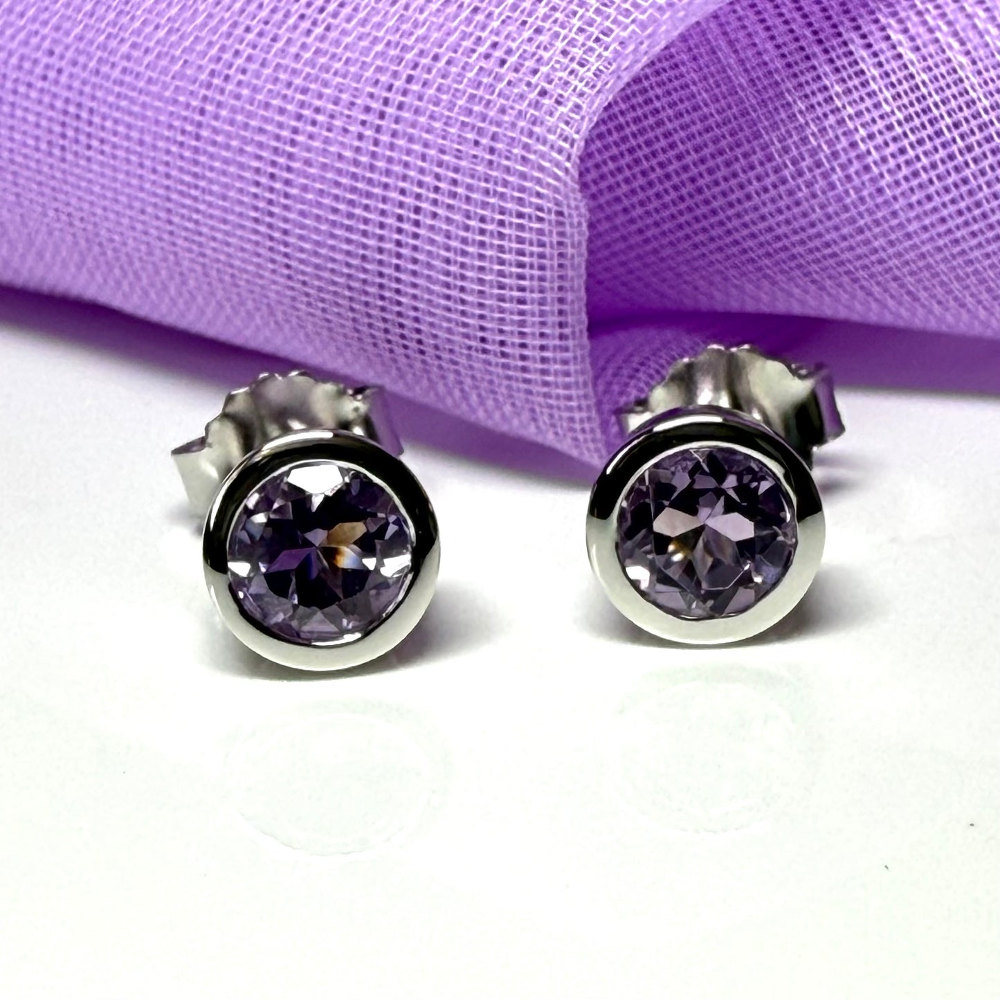 Real purple round amethyst stud earrings smooth rubbed over edges