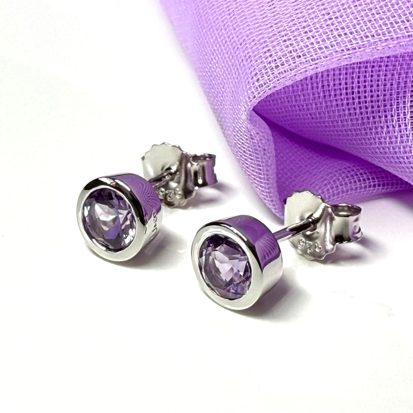 Real purple round amethyst stud earrings smooth rubbed over edges