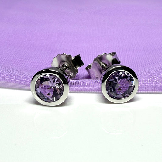 Real purple round amethyst stud earrings smooth rubbed over edges