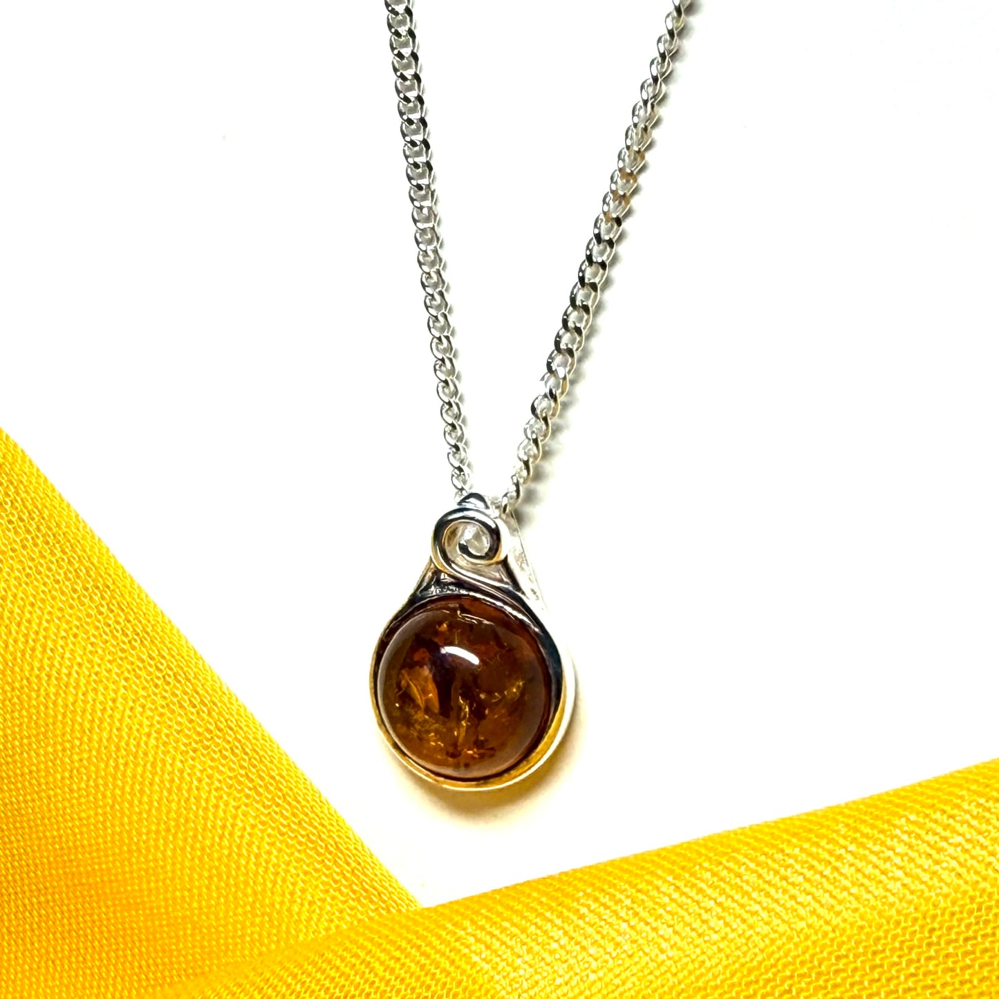 Necklace real amber round smooth rubbed over sterling silver