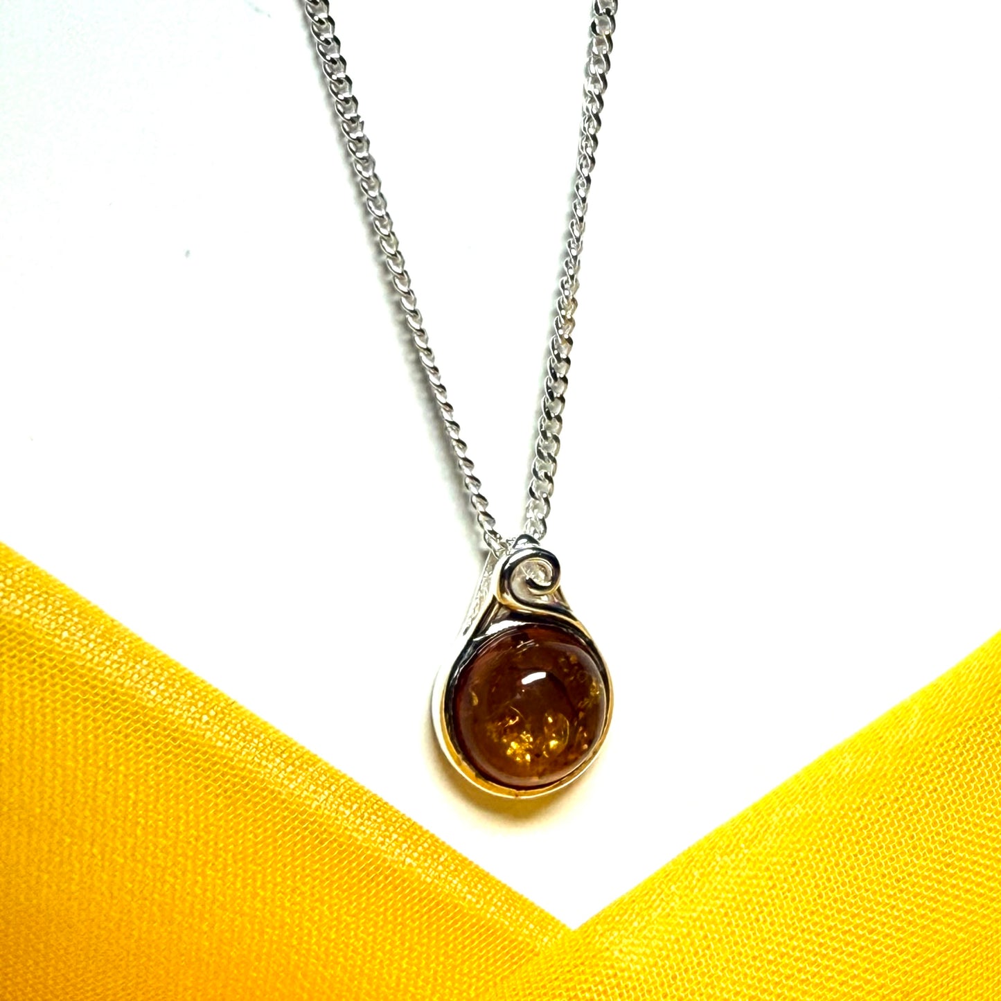 Necklace real amber round smooth rubbed over sterling silver