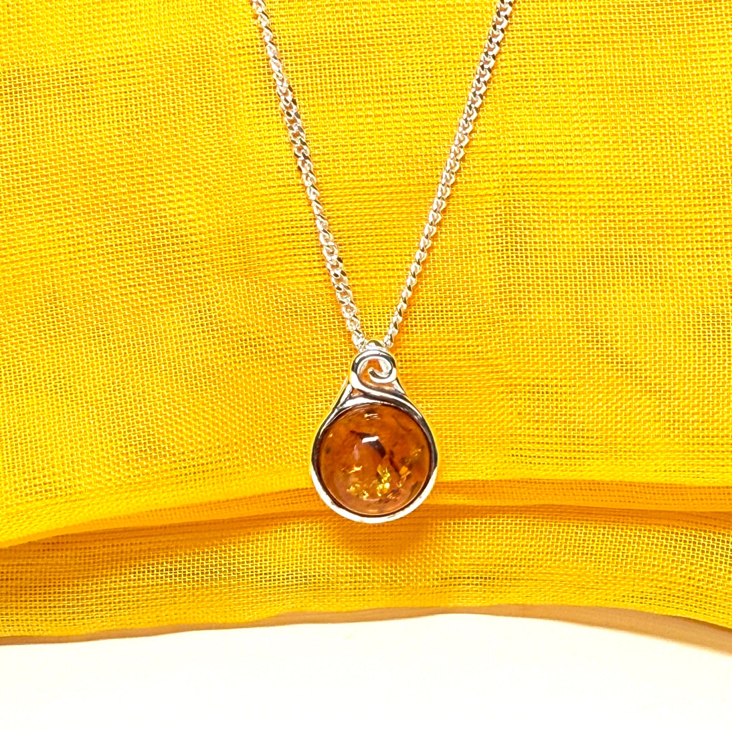 Necklace real amber round smooth rubbed over sterling silver