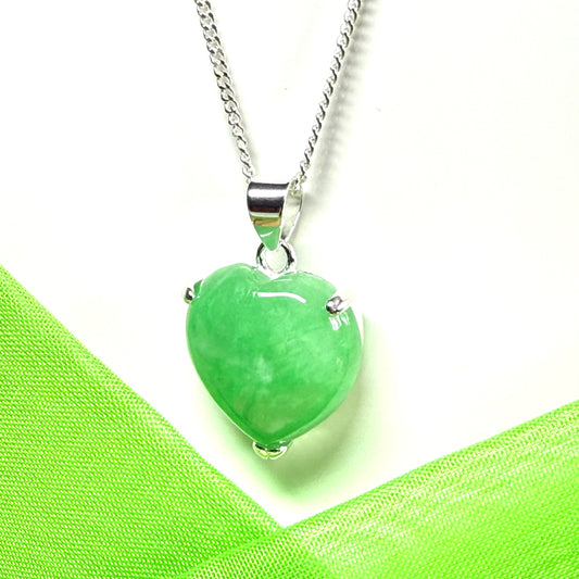 Pendant heart shape sterling silver real green jade stone necklace with a chain included as well included