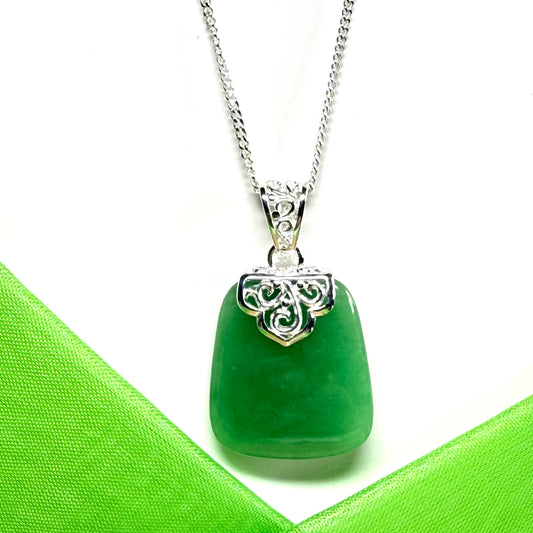 Real jade necklace light green sterling silver large cushion shaped, a really gorgeous and stunning pendant