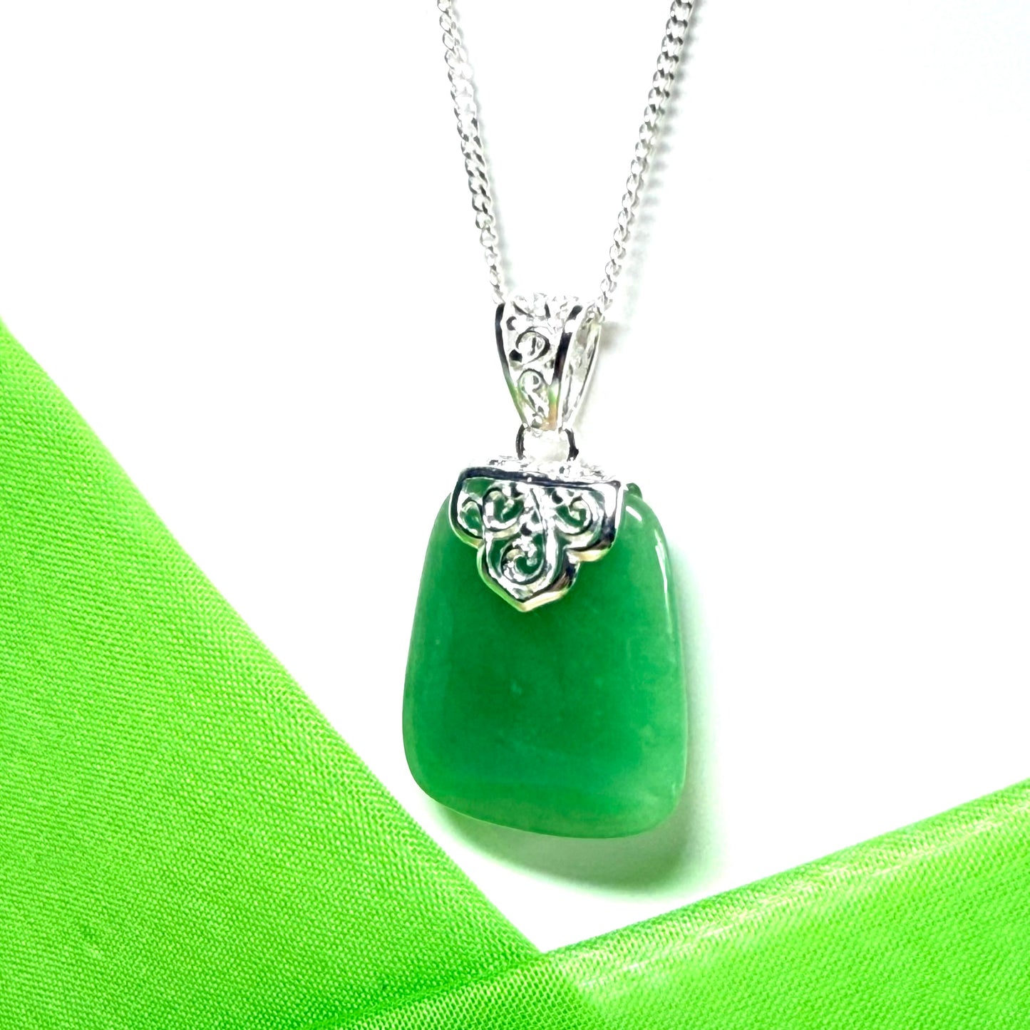 Real jade necklace light green sterling silver large cushion shaped, a really gorgeous and stunning pendant