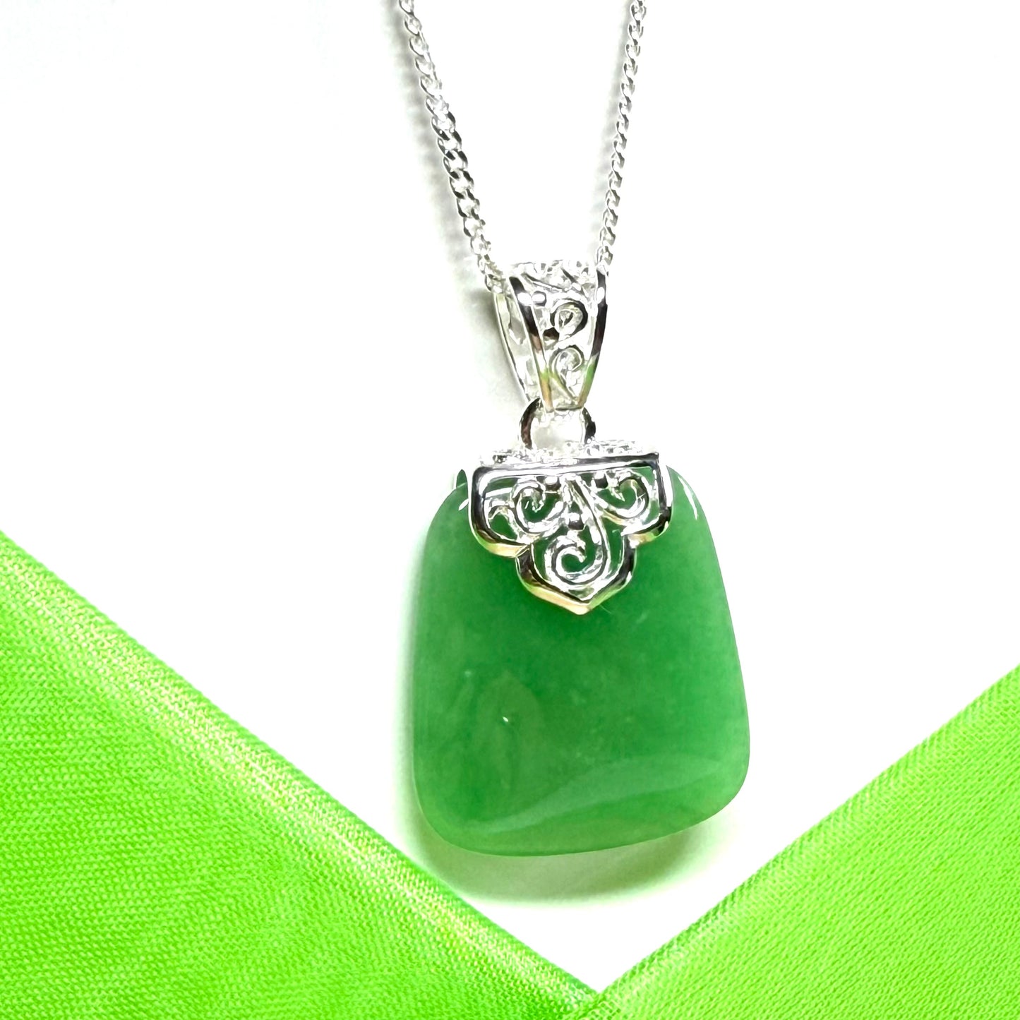 Real jade necklace light green sterling silver large cushion shaped, a really gorgeous and stunning pendant