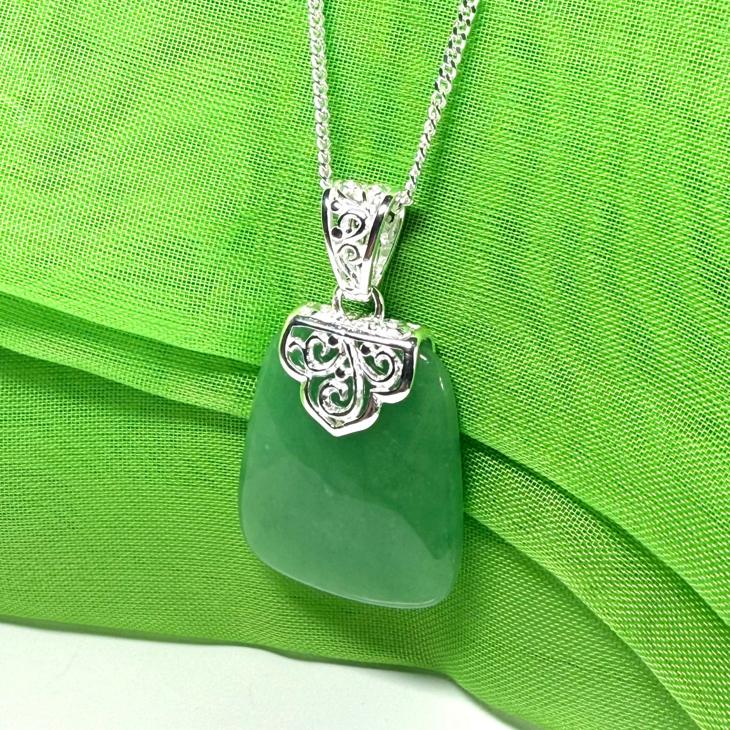 Real jade necklace light green sterling silver large cushion shaped, a really gorgeous and stunning pendant