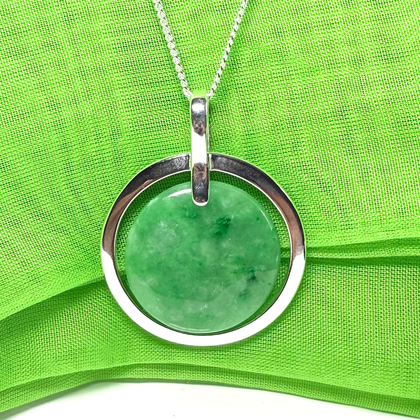 Large round halo necklace sterling silver circle shaped green real jade styled pendant, a timeless design to it