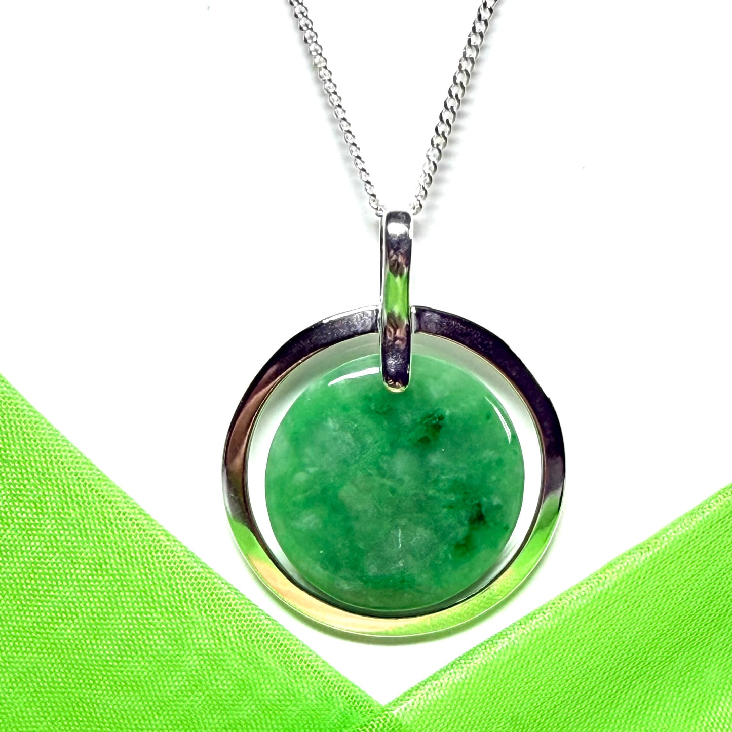 Large round halo necklace sterling silver circle shaped green real jade styled pendant, a timeless design to it