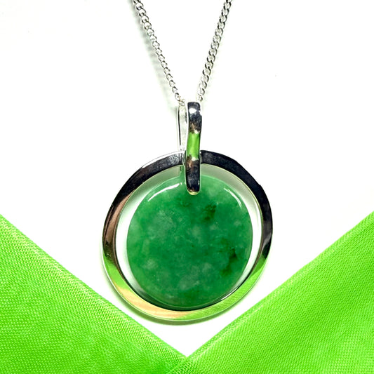 Large round halo necklace sterling silver circle shaped green real jade styled pendant, a timeless design to it
