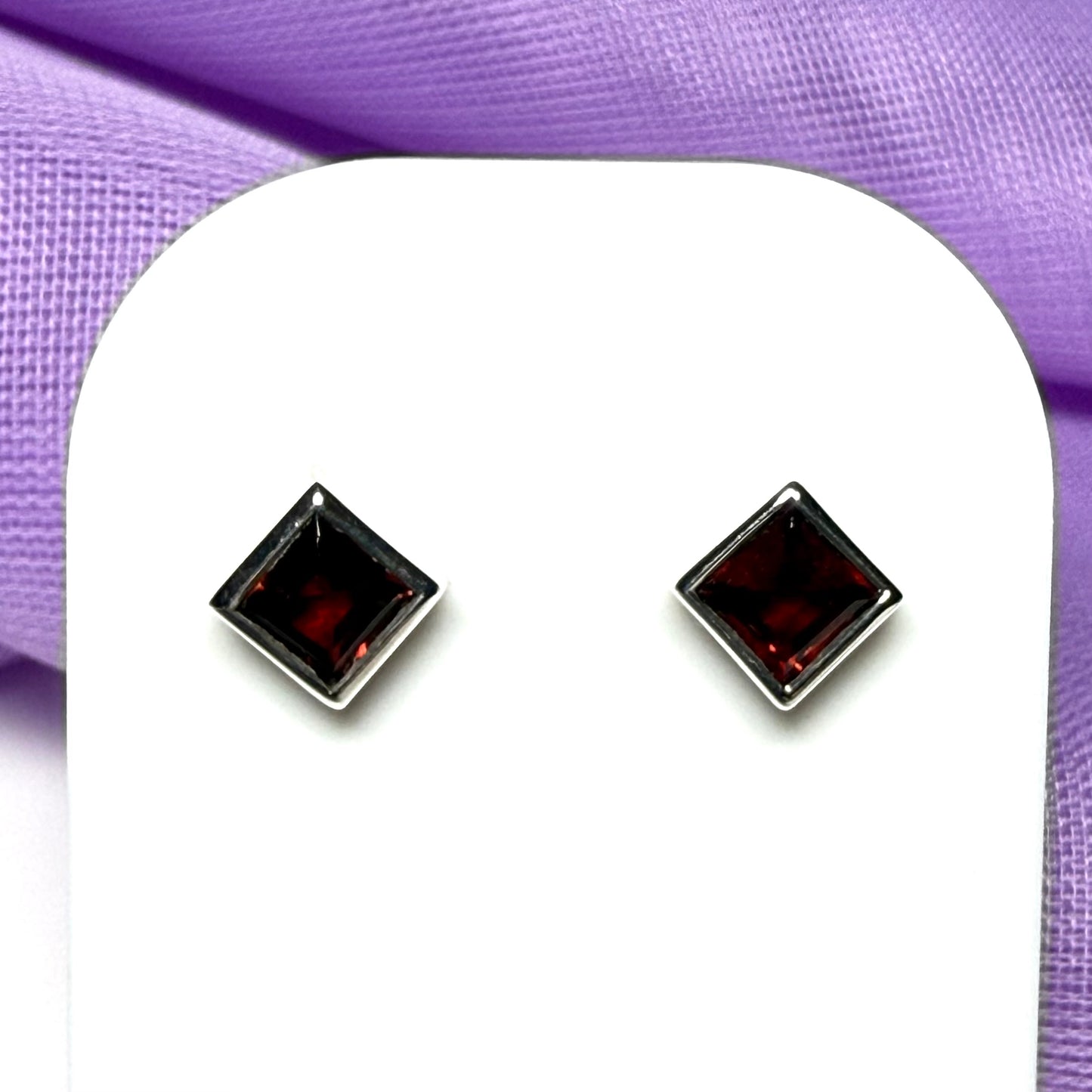 Pair of real red garnet silver square stud earrings