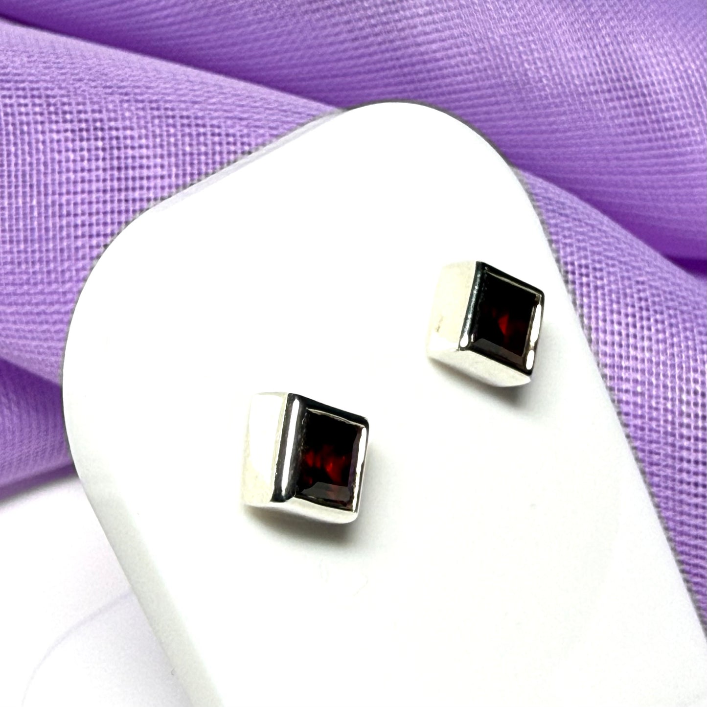 Pair of real red garnet silver square stud earrings