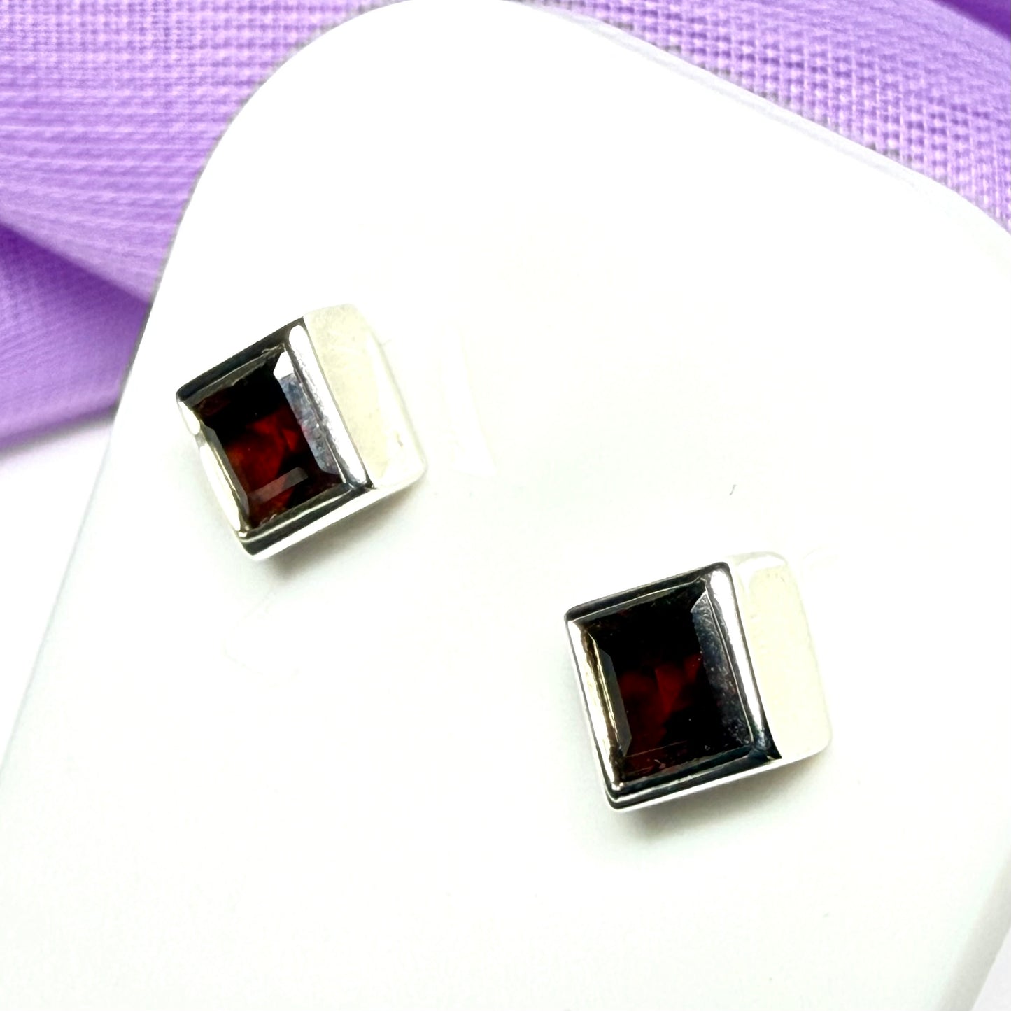 Pair of real red garnet silver square stud earrings