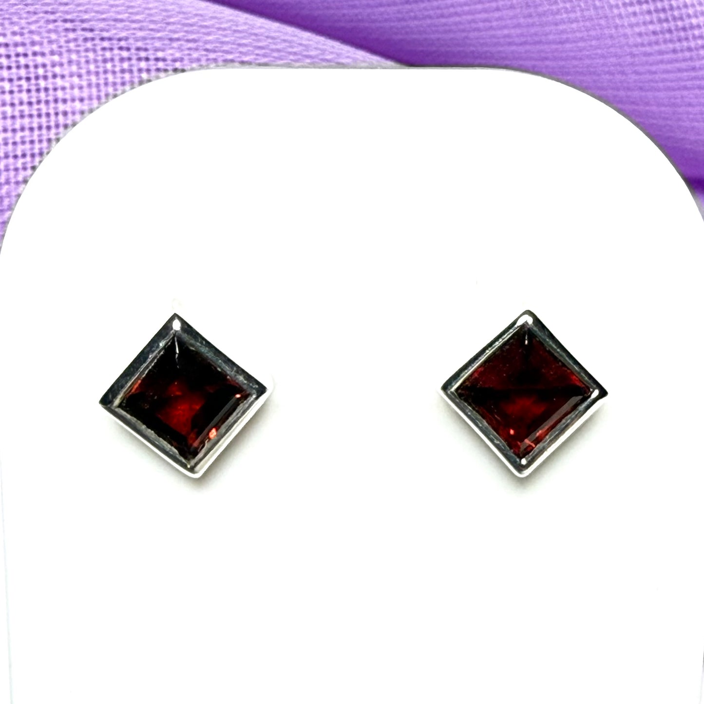 Pair of real red garnet silver square stud earrings