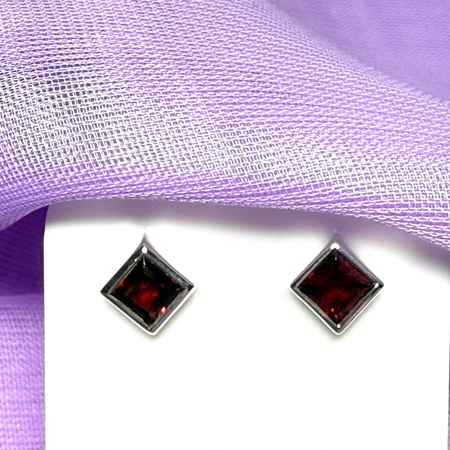Pair of real red garnet silver square stud earrings