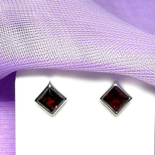 Pair of real red garnet silver square stud earrings