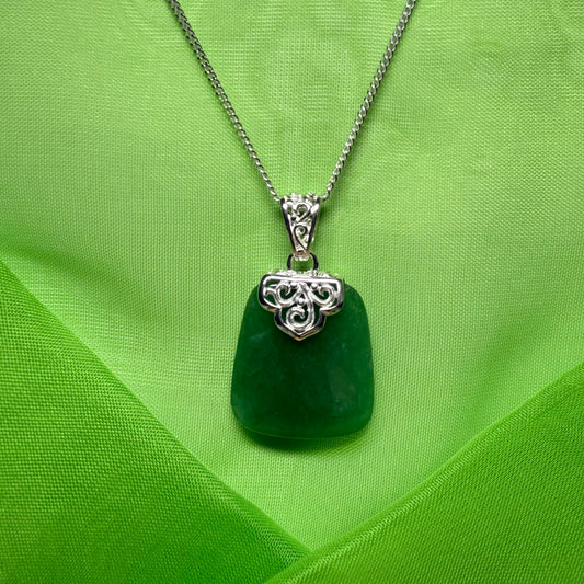 Real green jade stone, large cushion shaped pendant with solid chain