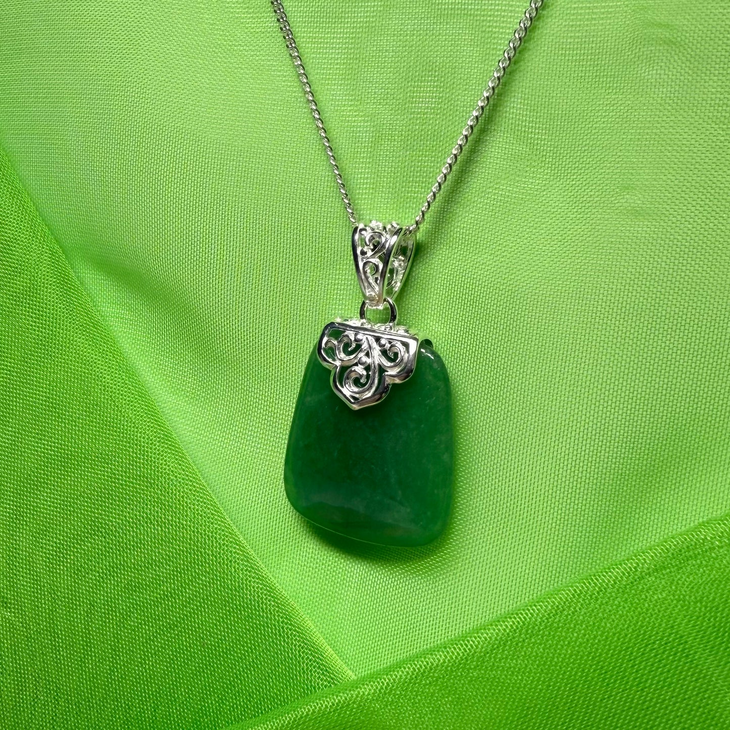 Real green jade stone, large cushion shaped pendant with solid chain