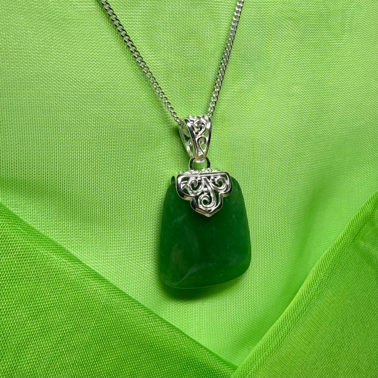 Real green jade stone, large cushion shaped pendant with solid chain
