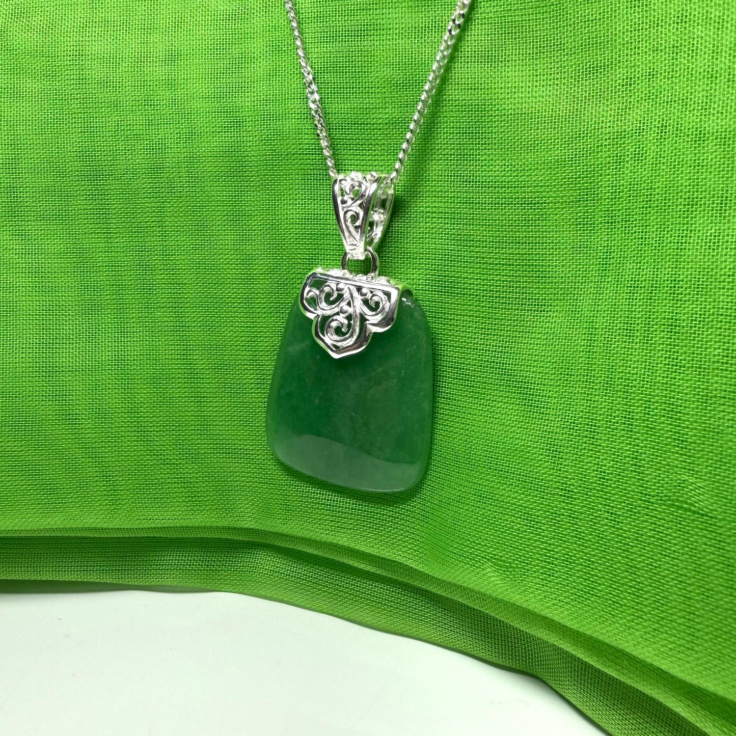 Real green jade stone, large cushion shaped pendant with solid chain