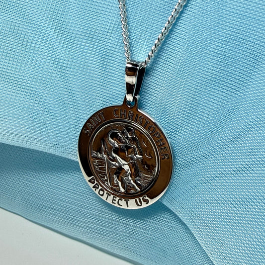 Sterling silver round solid St. Christopher with chain included 22.5 mm