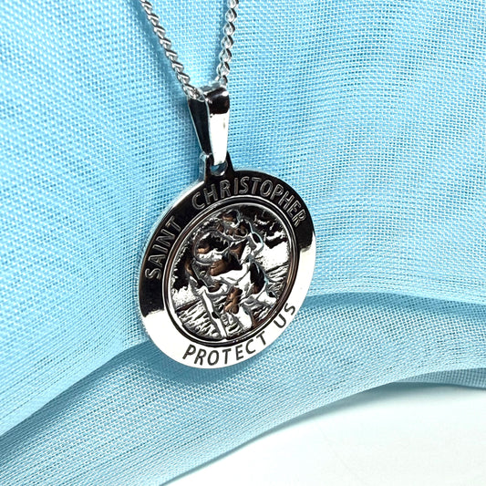 Sterling silver round solid St. Christopher with chain included 22.5 mm