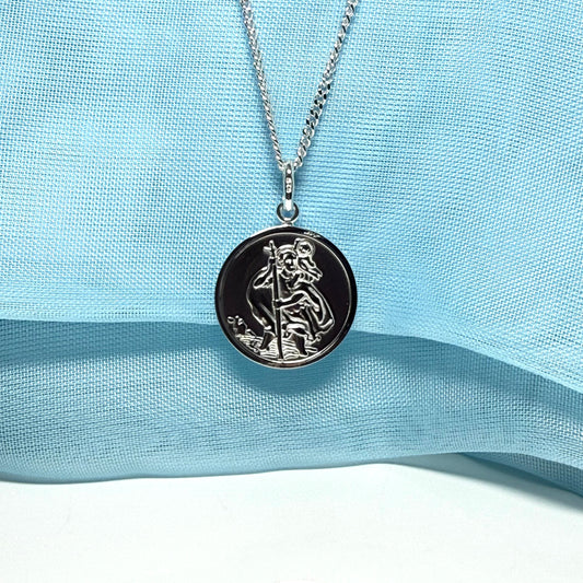 Sterling silver round solid St. Christopher with chain included 18 mm