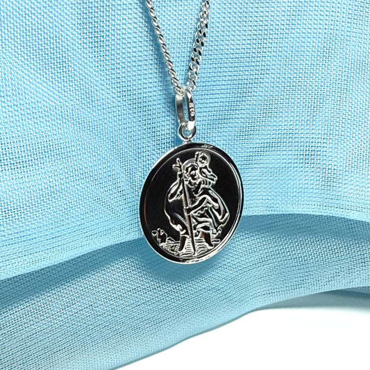 Sterling silver round solid St. Christopher with chain included 18 mm