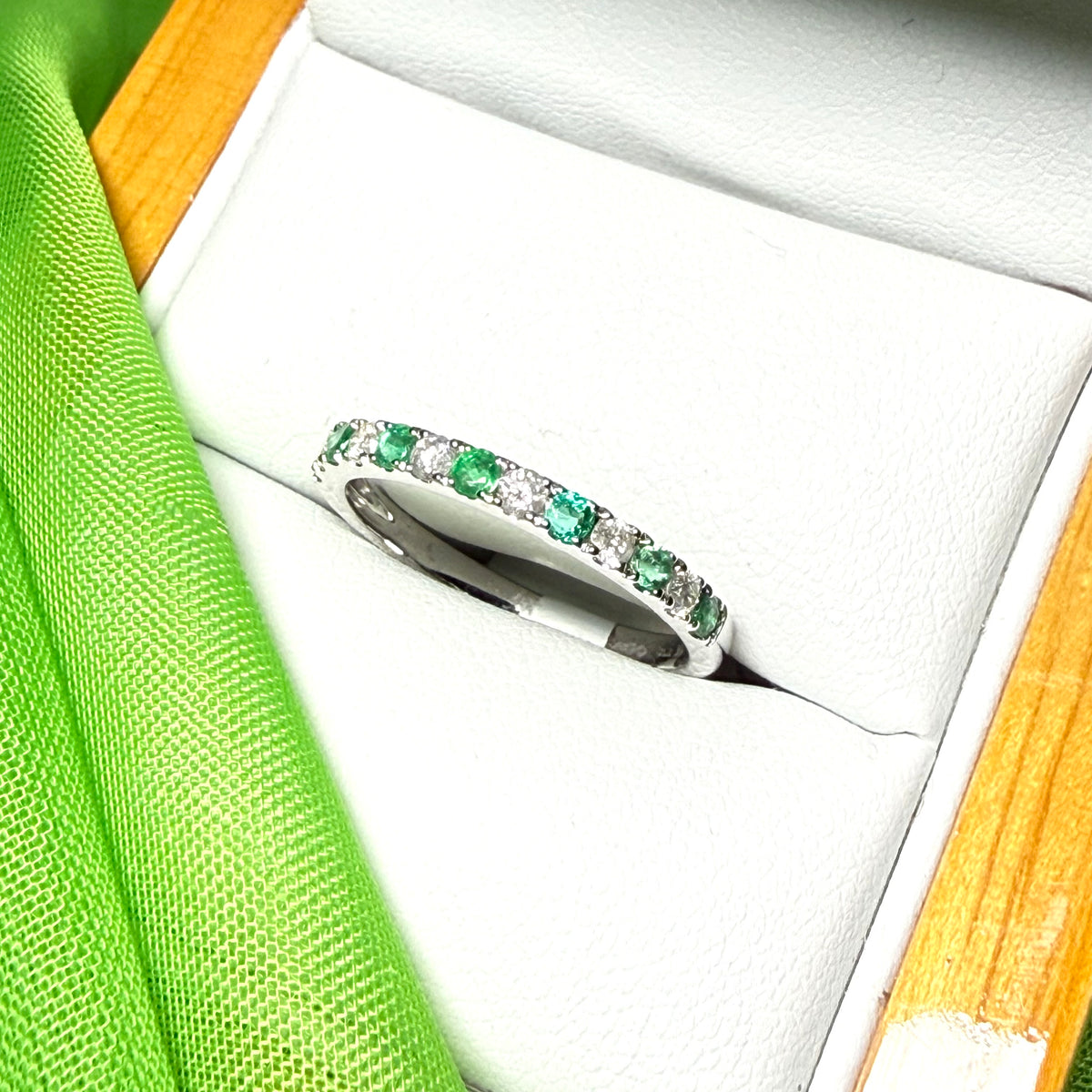 Real emerald end diamond white gold eternity ring