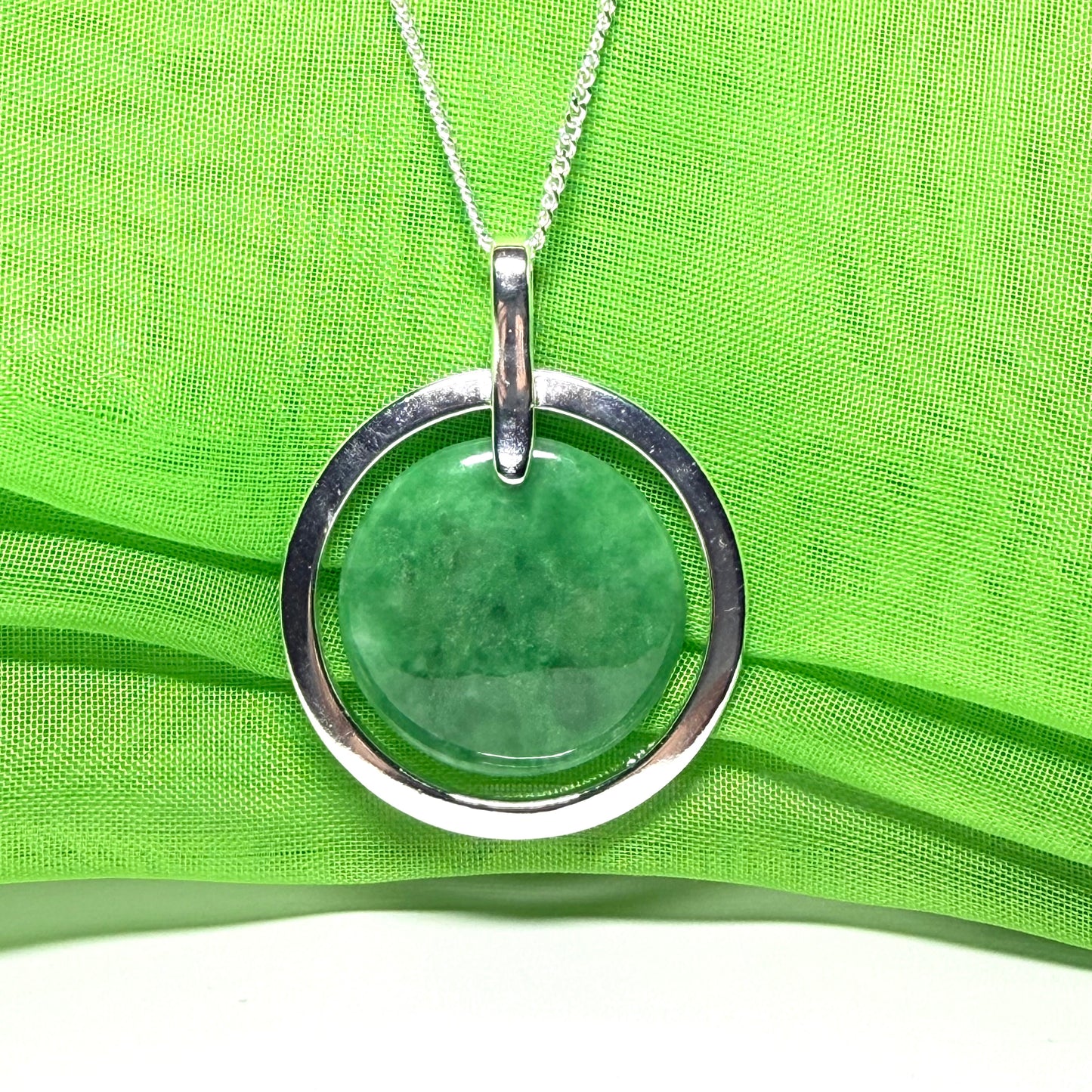 Large silver round shaped dark green real jade circle necklace