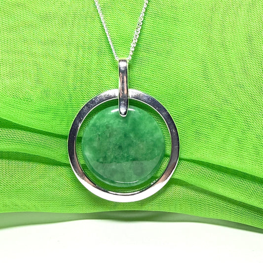 Large silver round shaped dark green real jade circle necklace