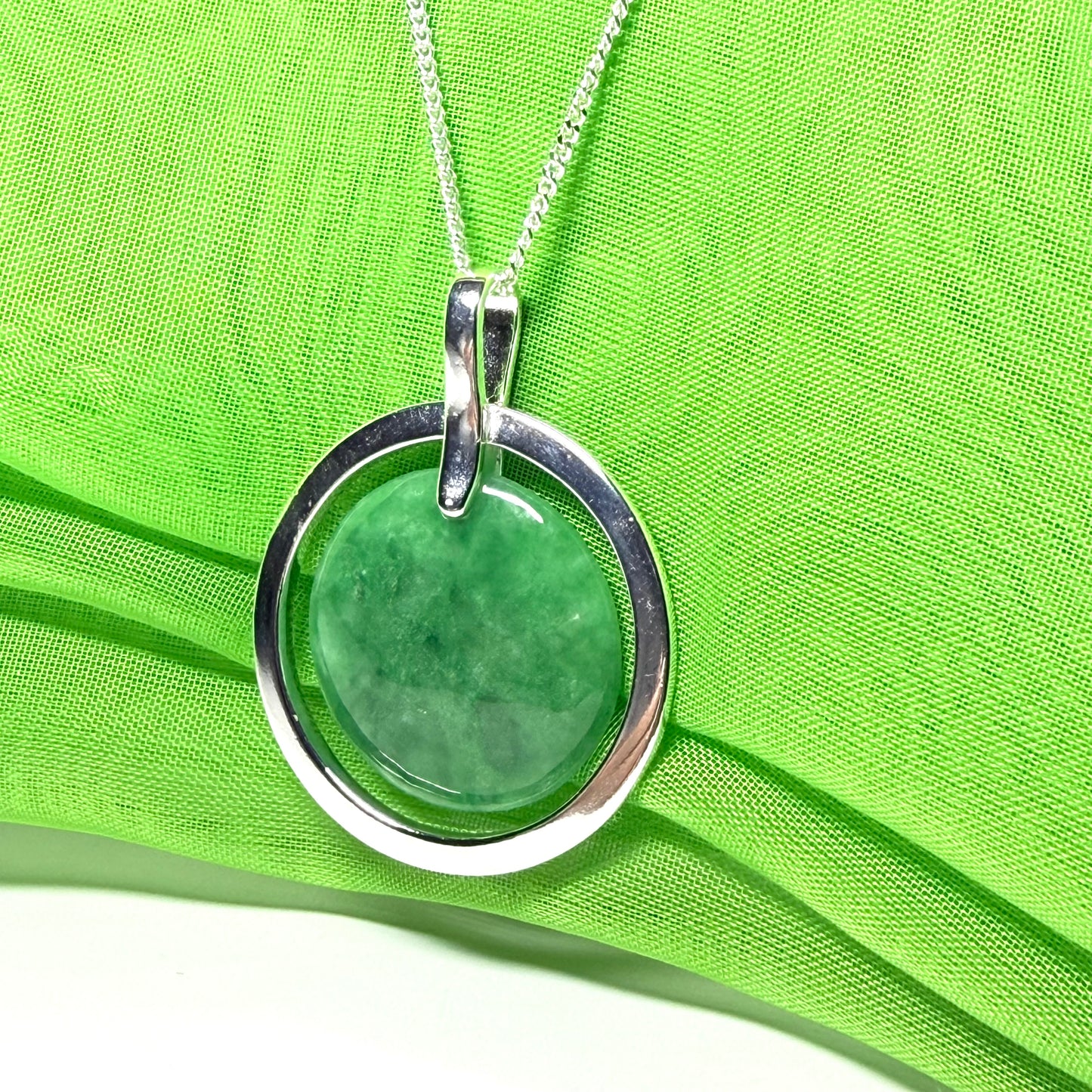 Large silver round shaped dark green real jade circle necklace