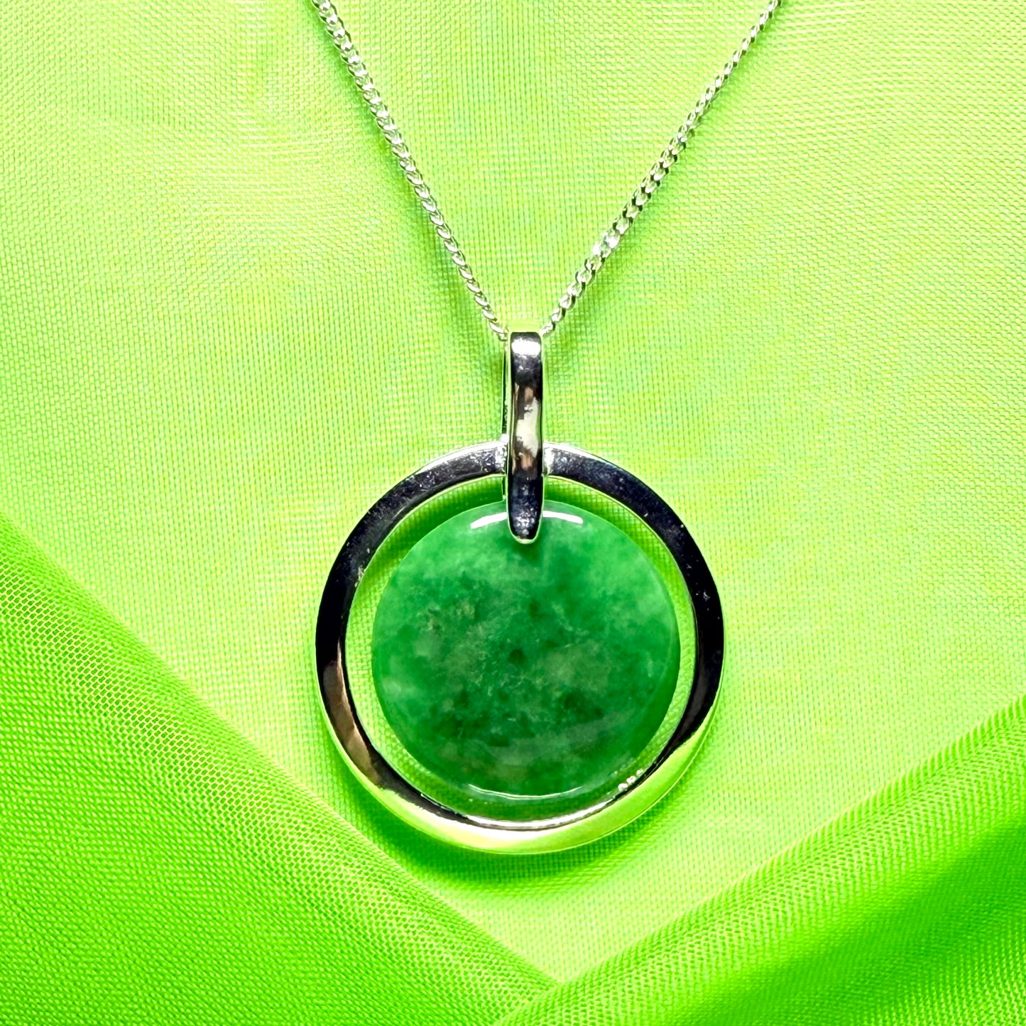 Large silver round shaped dark green real jade circle necklace