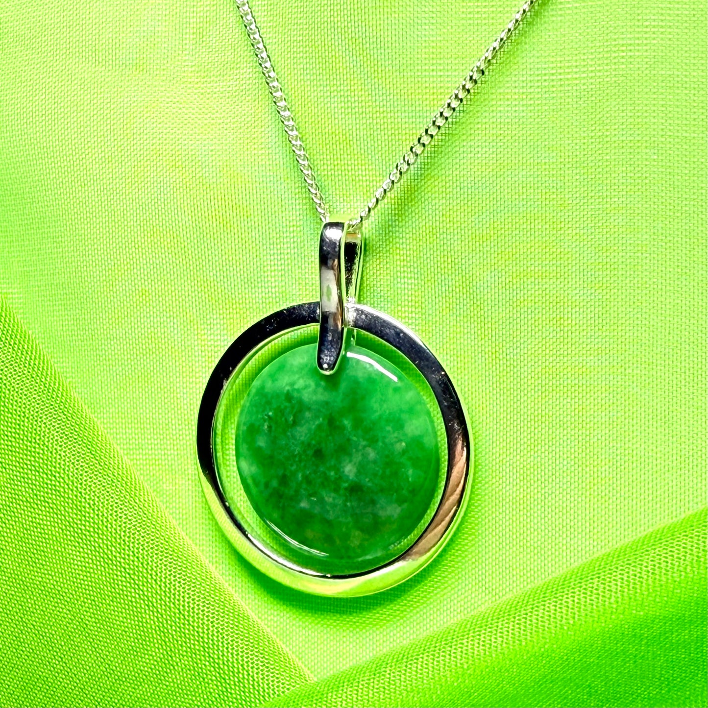 Large silver round shaped dark green real jade circle necklace