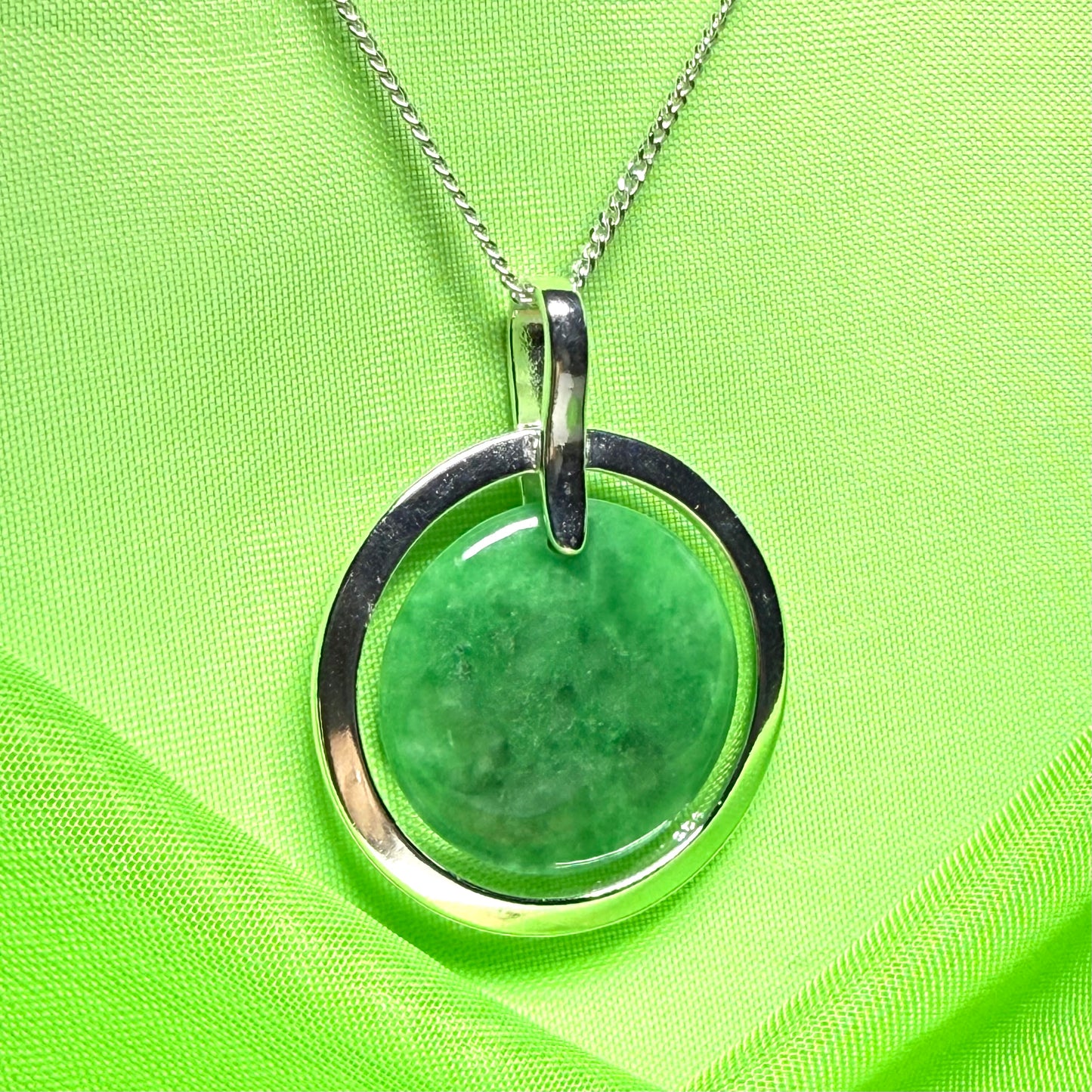 Large silver round shaped dark green real jade circle necklace