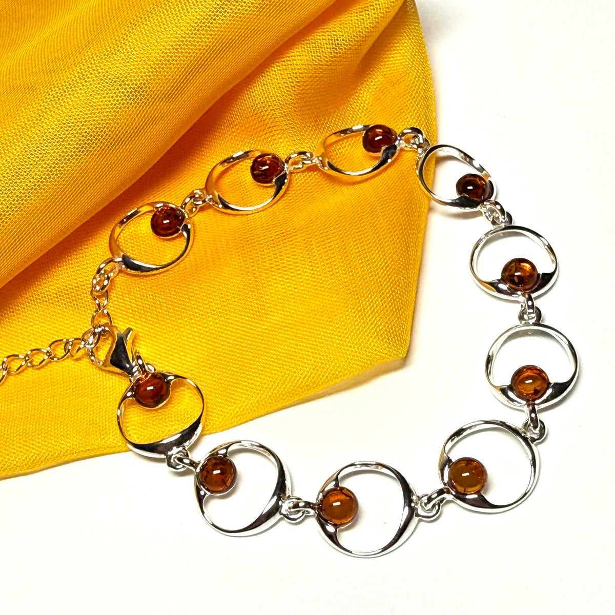 Real amber round shaped open link sterling silver