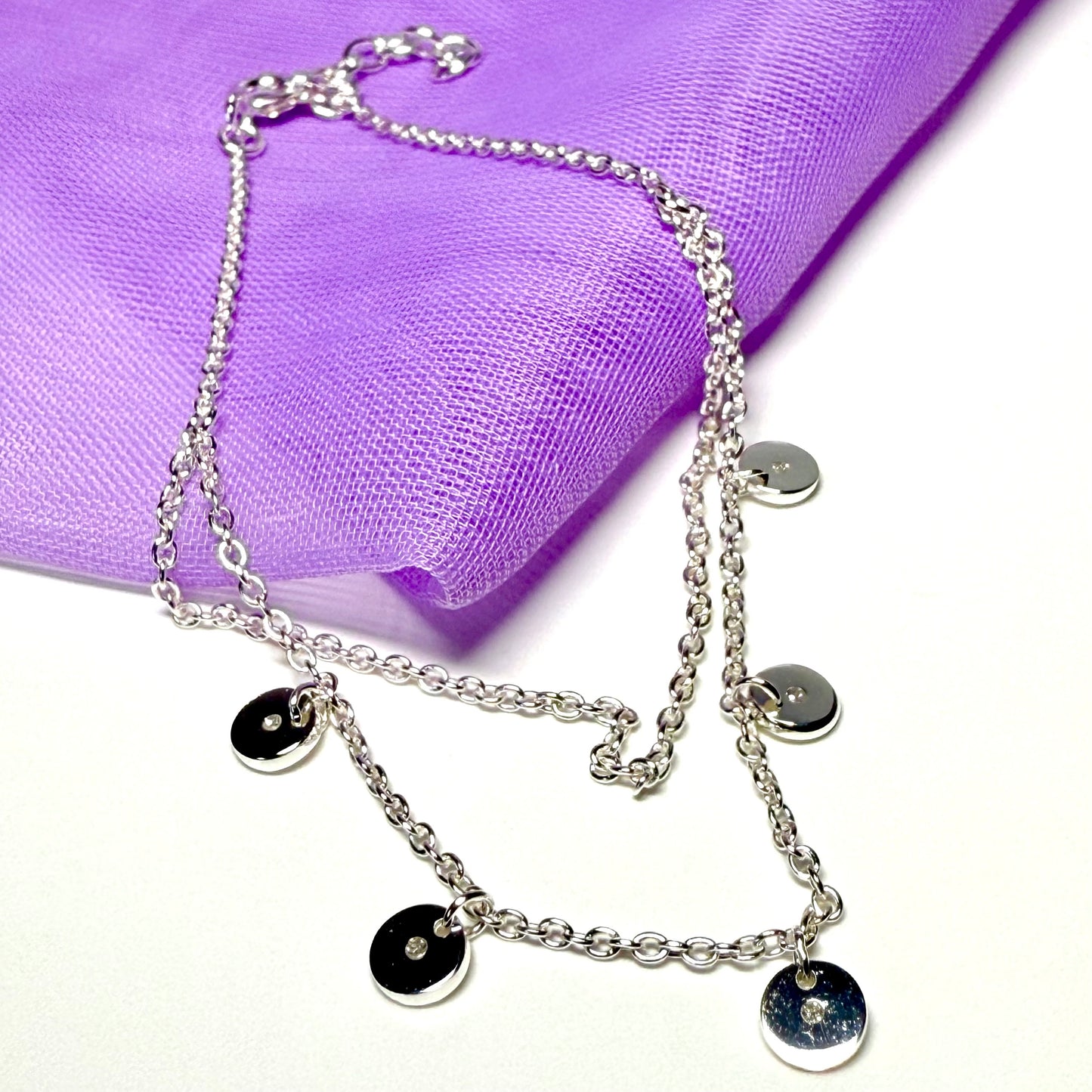 Real diamond ladies bracelet small round disc shaped charm sparkling sterling silver