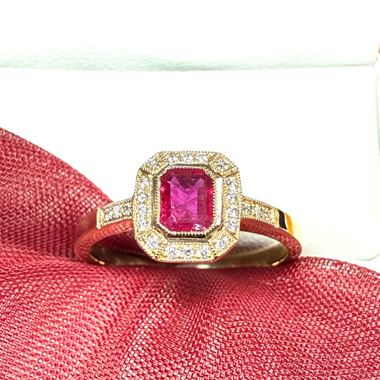 Octagonal red real ruby and real diamond yellow gold cluster ring