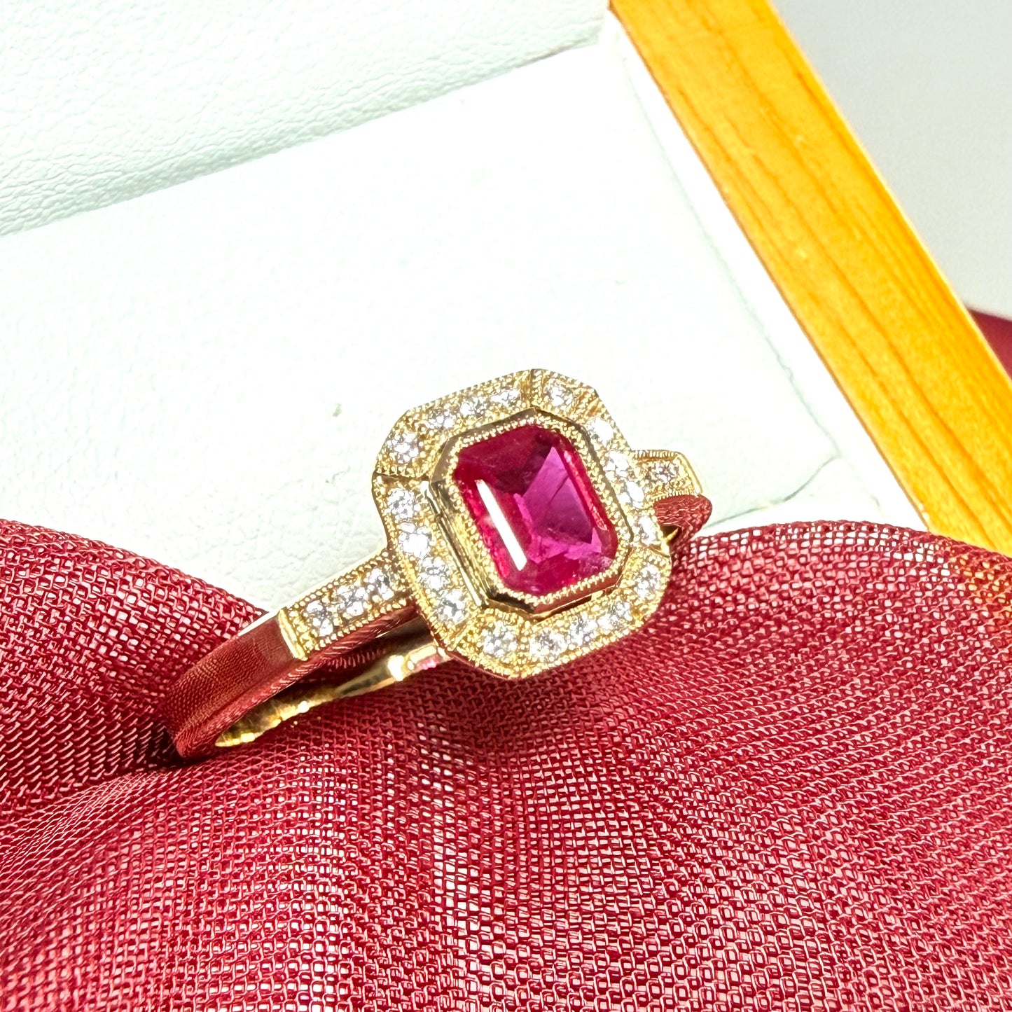 Octagonal red real ruby and real diamond yellow gold cluster ring