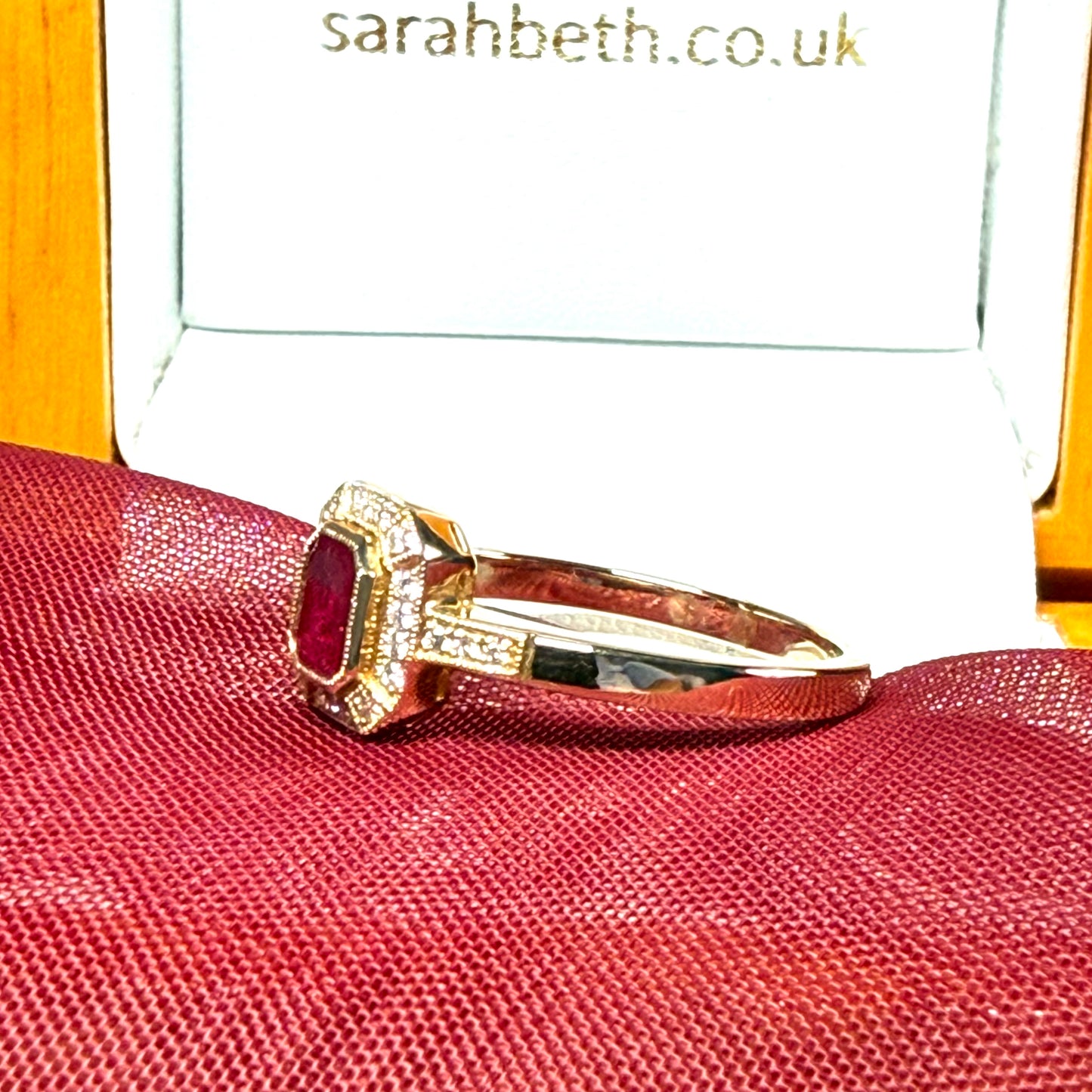 Octagonal red real ruby and real diamond yellow gold cluster ring