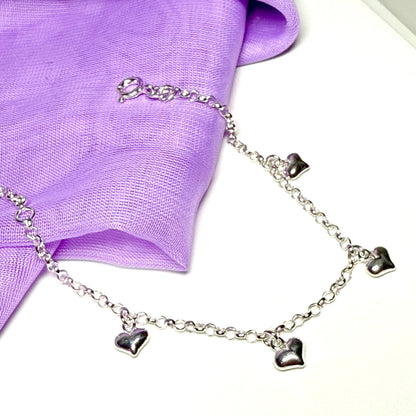 Ladies anklet five heart shaped charms dangling sterling silver ankle chain