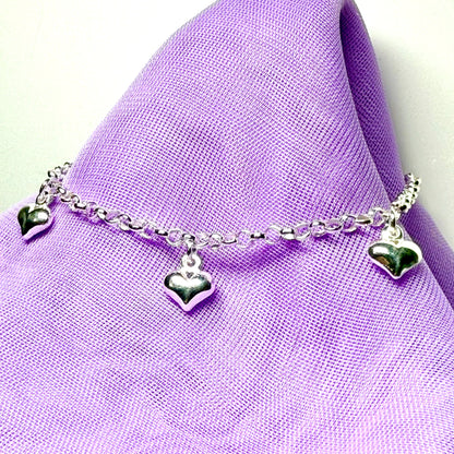 Ladies anklet five heart shaped charms dangling sterling silver ankle chain